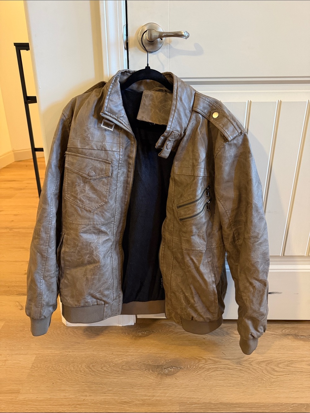 Men's Brown Faux Leather Bomber Jacket - Classic Military Style